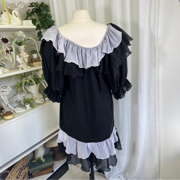 Vintage 80s Black and Silver Ruffle Cotton Gauze Mini Dress - Picture 6 of 16